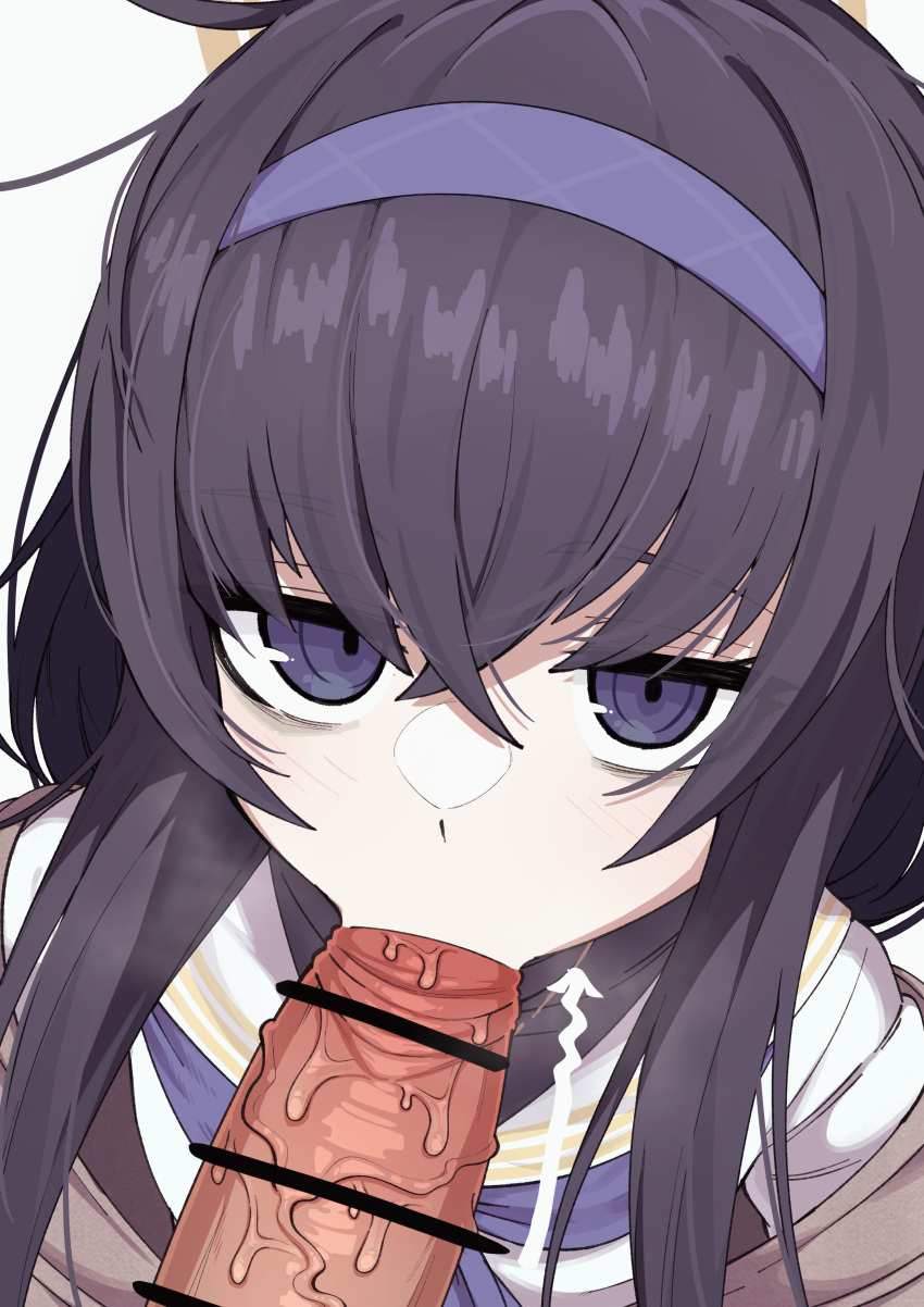 1boy :>= absurdres bags_under_eyes bangs bar_censor black_hair blue_archive blush censored commentary_request erection fellatio female hairband halo highres irokohaku large_penis long_hair looking_at_viewer oral penis pointless_censoring purple_eyes purple_hair saliva school_uniform solo_focus straight trinity_general_school_student ui_(blue_archive) veins veiny_penis