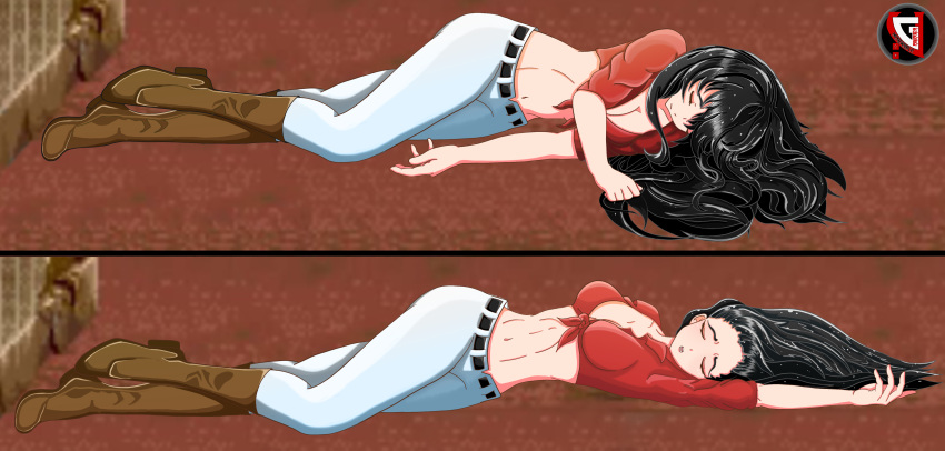 2_panel_comic black_hair boots cadillacs_and_dinosaurs female female_only full_body fully_clothed hannah_dundee laying_down light-skinned_female light_skin midriff red_topwear ryona solo watermark wet_hair