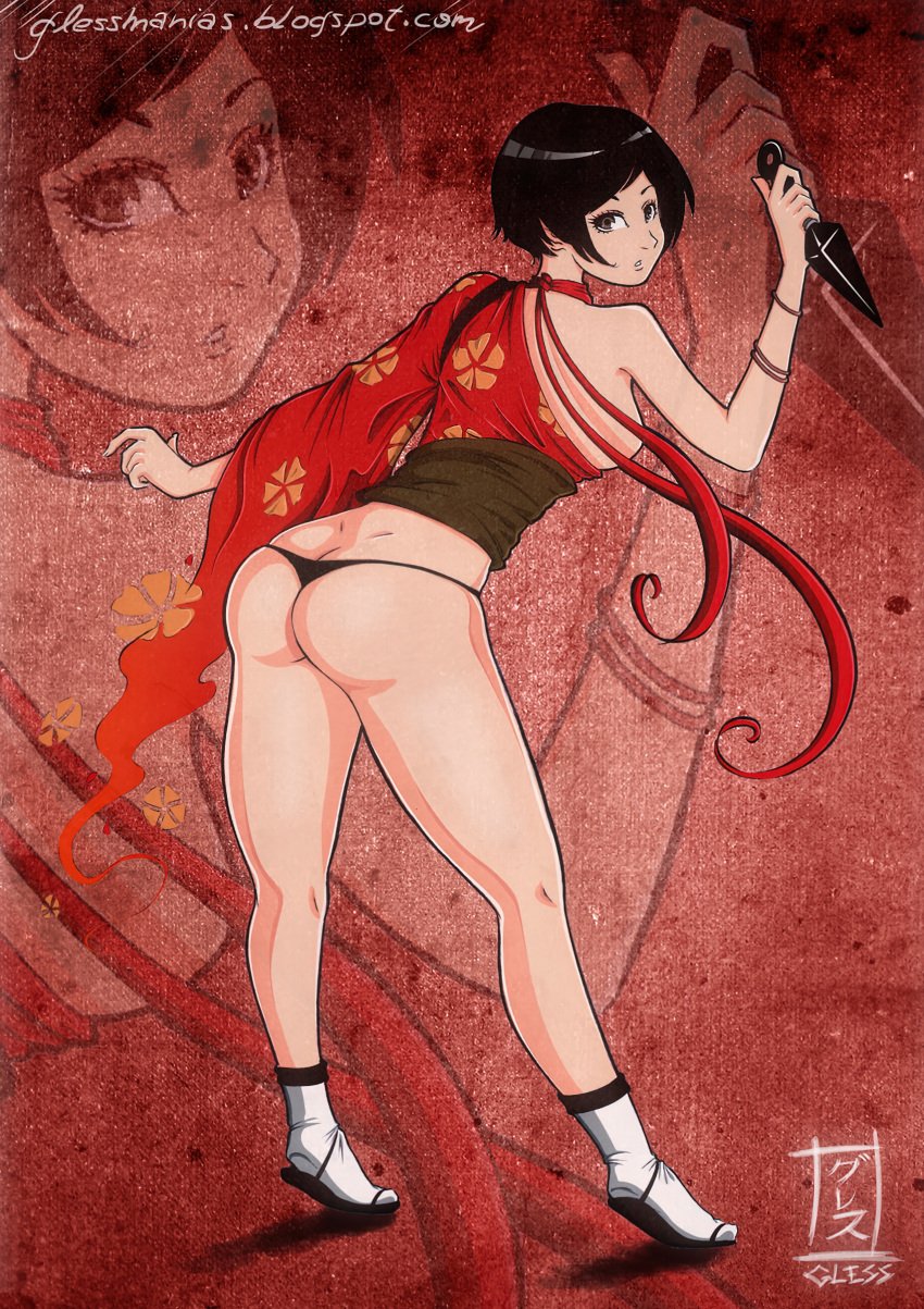 ass bent_over black_hair breast_out choker glessmanias kimono kunai kunoichi kurenai_(red_ninja) looking_at_viewer panties red_ninja red_ninja_end_of_honor short_hair tabi upscaled weapon