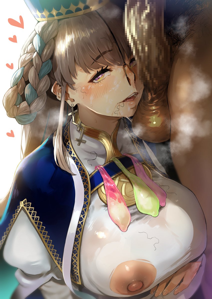 1boy 1girls absurd_res ahe_gao alternate_breast_size areolae balls big_breasts breasts brown_hair censored censored_penis dark-skinned_male dark_skin fate/grand_order fate_(series) female heart-shaped_pupils hero_neisan high_resolution huge_breasts huge_cock johanna_(fate) large_areolae light-skinned_female light_skin long_hair male musk musky_cock naughty_face nipple_cutout nipples nipples_visible_through_clothing nose_hook penis penis_on_face penis_worship pope_hat smelly_cock steam steaming_body steamy_penis stray_pubic_hair suggestive_look used_condom