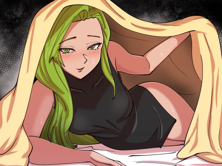 1girls annand_(fire_emblem) bare_arms bare_shoulders bed_sheet black_dress blanket blush covered_collarbone dress english_commentary female female_only fire_emblem fire_emblem:_genealogy_of_the_holy_war green_eyes green_pupils inviting inviting_under_covers light_green_hair long_hair looking_at_viewer mnejing nintendo open_mouth short_dress side_slit single_hair_intake sleeveless sleeveless_dress smile solo sweat under_covers