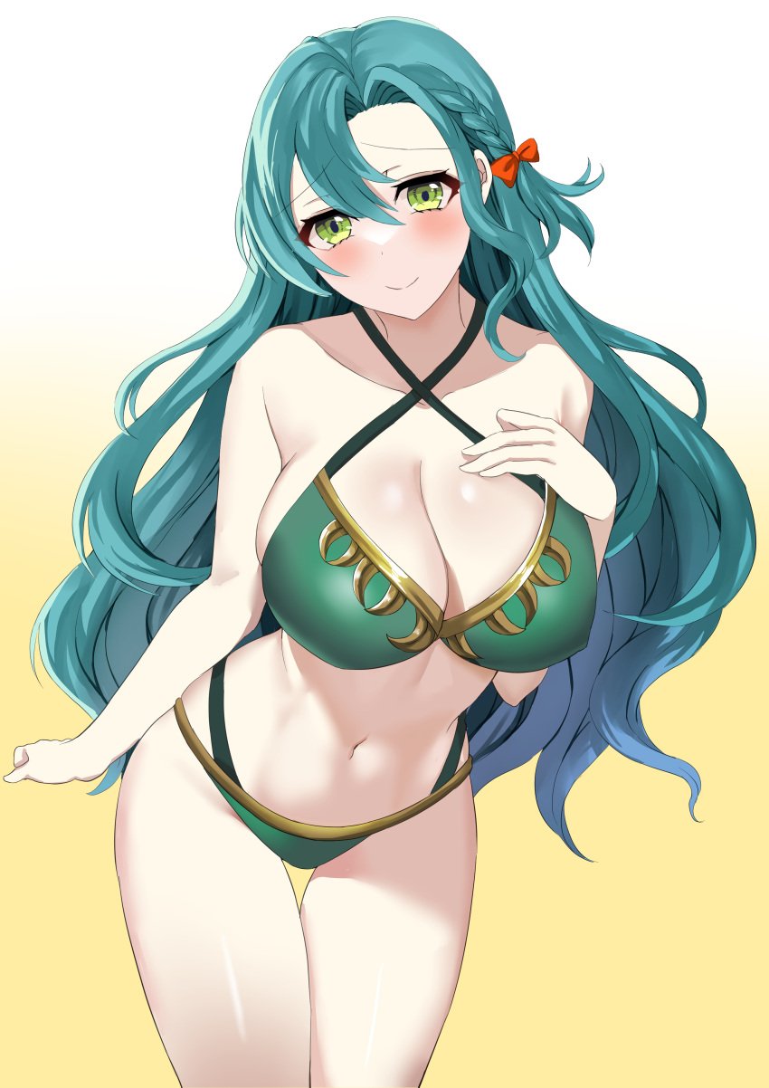 1girls absurdres alternate_costume aqua_hair bare_arms bare_shoulders bikini blue_hair blush bow breasts chloe_(fire_emblem) cleavage commentary_request cowboy_shot criss-cross_halter female female_only fire_emblem fire_emblem_engage gradient_background green_bikini green_eyes green_swimsuit hair_between_eyes hairbow halterneck hand_on_own_chest head_tilt highres large_breasts long_hair looking_at_viewer navel nintendo official_alternate_costume orange_bow simple_background sketch smile solo standing stomach swimsuit tara_(szzj7733) thighs very_long_hair white_background yellow_background