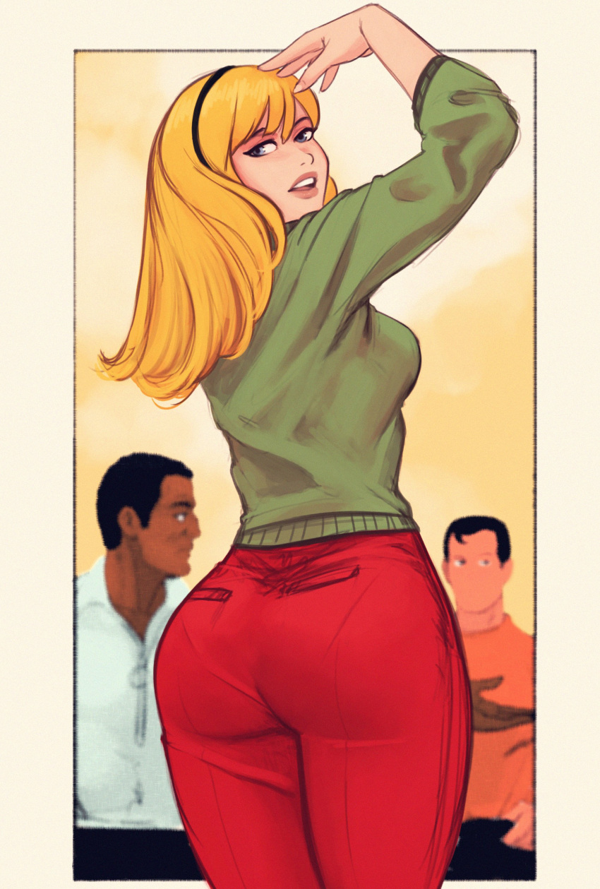 ass ass_focus big_ass big_butt blonde_hair curvy curvy_female curvy_figure dat_ass fat_ass female female_focus gwen_stacy gwen_stacy_(classic) hairband hourglass_figure light-skinned_female male marvel marvel_comics mexican_gwen_stacy pawg peter_parker raichiyo33 redraw robbie_robertson spider-man_(series) straight_hair tight_clothing voluptuous voluptuous_female wide_hips