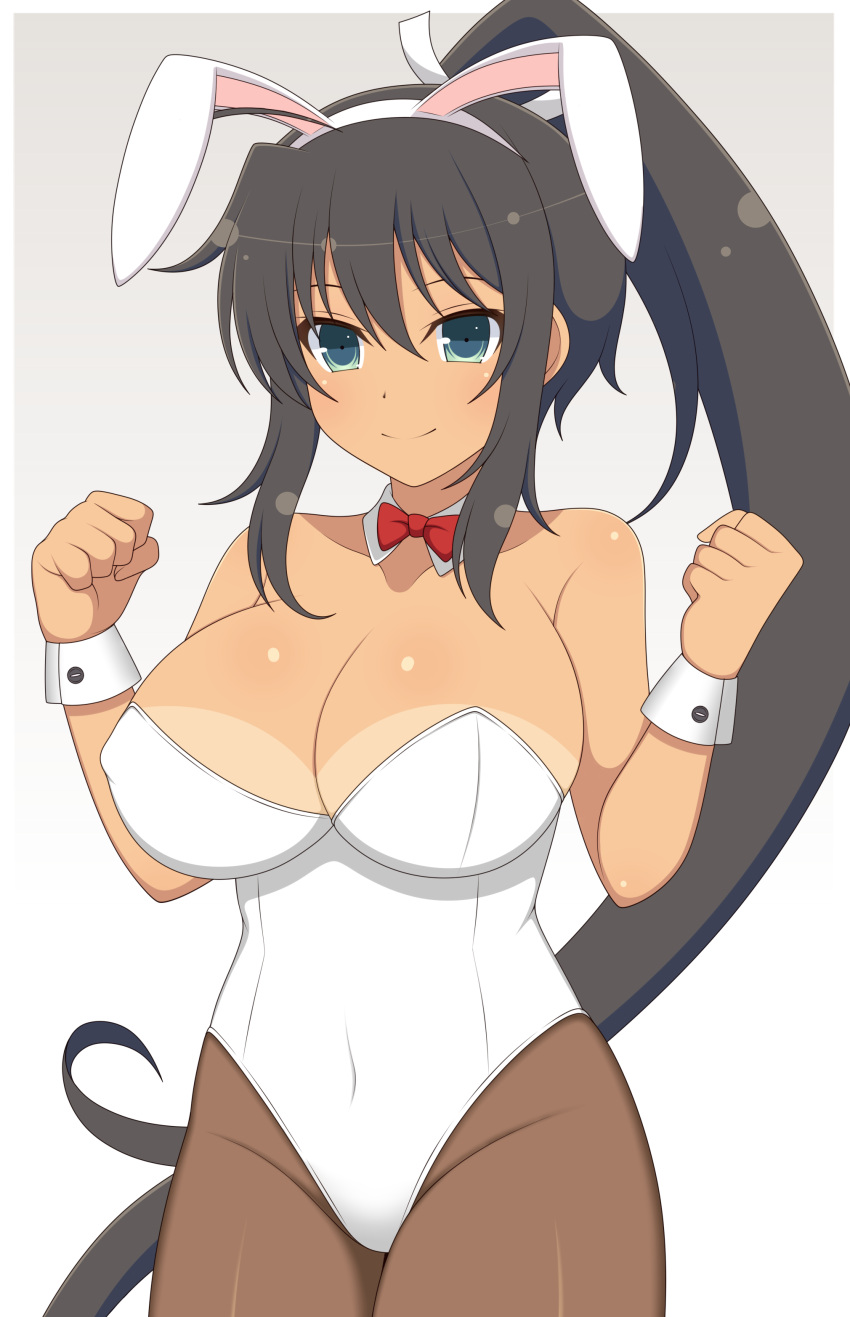 1girls bangs black_hair bowtie bunny_ears female groin hair_between_eyes highleg homura_(senran_kagura) ichiryuu_tsumiki impossible_clothes large_breasts light-skinned_female light_skin looking_at_viewer navel nipple_bulge pantyhose ponytail senran_kagura sidelocks simple_background smile solo tan_skin tanline very_long_hair