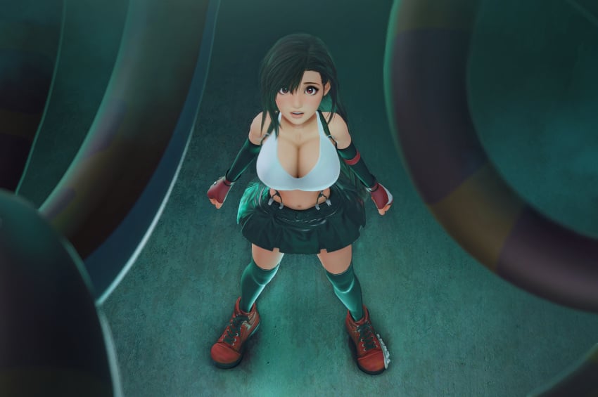 1boy 1girls 3d black_hair breasts cleavage coils crop_top crossover eastern_and_western_character final_fantasy final_fantasy_vii fingerless_gloves gloves kaa kingocrsh large_breasts looking_at_viewer looking_up midriff open_mouth red_eyes skirt snake the_jungle_book thighhighs tifa_lockhart