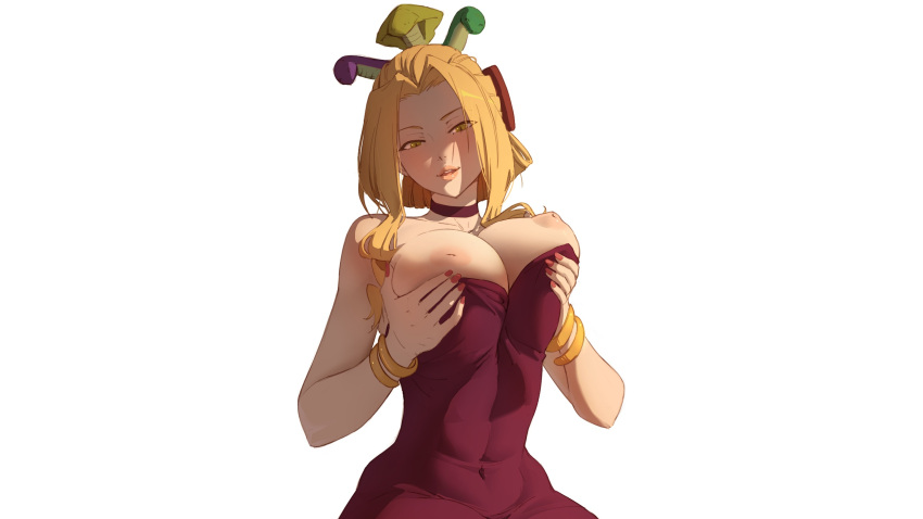 1girls areola areolae bare_arms bedroom_eyes big_breasts blonde_hair bracelet breast_grab breast_squeeze breasts breasts_out choker cleavage clothed clothed_female clothes clothing dress exposed_breasts female female_only gold_jewelry grabbing_breasts hair hands_on_breasts hands_on_own_chest hi_res highres humanoid inverted_nipples jewelry kuroneko_pantsu large_breasts light-skinned_female light_skin long_hair looking_at_viewer my_hero_academia nail_polish nipples plain_background presenting_breasts red_nails seductive seductive_eyes seductive_look seductive_smile simple_background sitting smile smiling smiling_at_viewer solo uwabami white_background wide_hips yellow_eyes