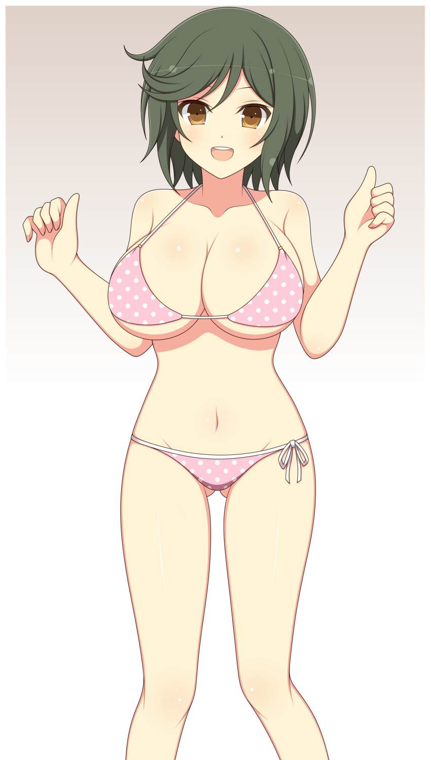 1girls :d ass_visible_through_thighs bangs bikini breasts cleavage collarbone dark_hair female front_view ichiryuu_tsumiki large_breasts light-skinned_female light_skin looking_at_viewer mai_(senran_kagura) marvelous medium_hair midriff navel open_mouth polka_dot_bikini ribbon senran_kagura side-tie_bikini simple_background solo standing yellow_eyes