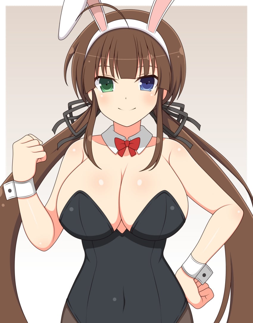 1girls ahoge bangs blunt_ends bowtie brown_hair bunny_ears cleavage female front_view gradient_background hair_ornament heterochromia highleg huge_breasts ichiryuu_tsumiki impossible_clothes light-skinned_female light_skin looking_at_viewer navel pantyhose ryoubi_(senran_kagura) senran_kagura sidelocks simple_background smile solo standing twintails very_long_hair