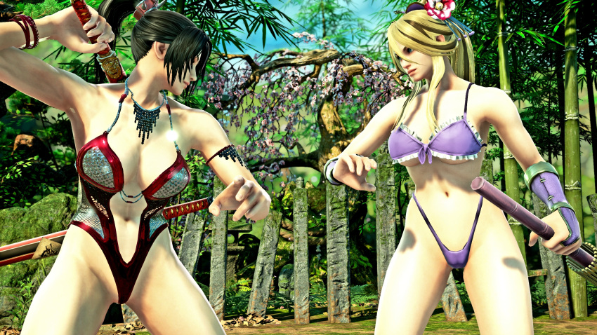 2girls 3d alluring bikini black_hair blonde_hair blue_eyes cleavage kunoichi setsuka soul_calibur soul_calibur_ii soul_calibur_iii soul_calibur_v soul_calibur_vi taki underboob weapons