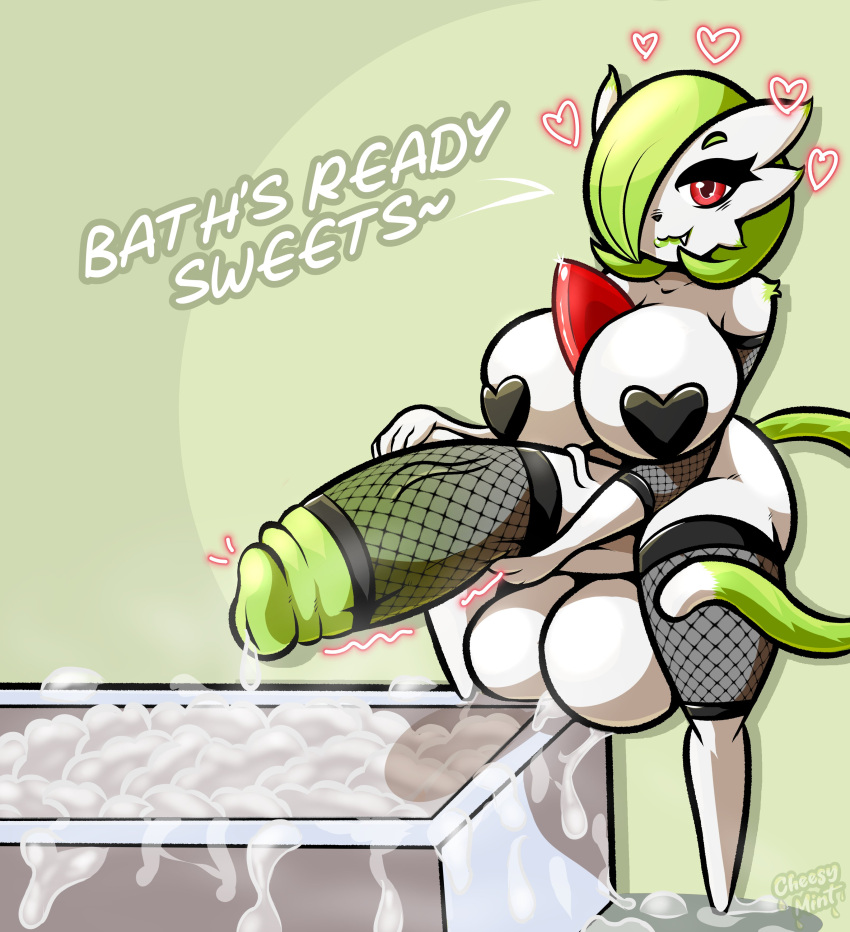 1futa 2023 anthro balls bath bimbo bimbo_futanari bimbo_gardevoir black_pasties breasts cat_tail cheesymint cum cum_bath cum_drip cum_dripping_from_penis dialogue english_text fangs fishnet_legwear fishnets futa_gardevoir futa_only futanari gardevoir green_background green_hair green_lipstick green_penis heart_pasties hearts huge_balls huge_cock humanoid_penis large_breasts mia_(cheesymint) mostly_nude nude nude_futanari pasties penis pokemon pokemon_(species) red_eyes short_hair solo standing text white_skin