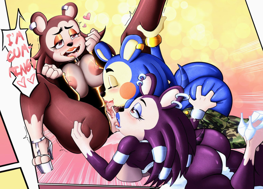 3girls anilingus animal_crossing ass blue_fur breasts brown_eyes brown_fur closed_eyes cunnilingus ear_piercing female female_focus female_only grabbing_ass heart incest labelle_able licking_ass licking_pussy looking_at_another looking_pleasured mabel_able multiple_girls nintendo nipples oral oral_sex partially_clothed piercing piercings purple_fur raccoon_sama rimjob rimming sable_able sibling sibling_incest siblings sister sisters yuri