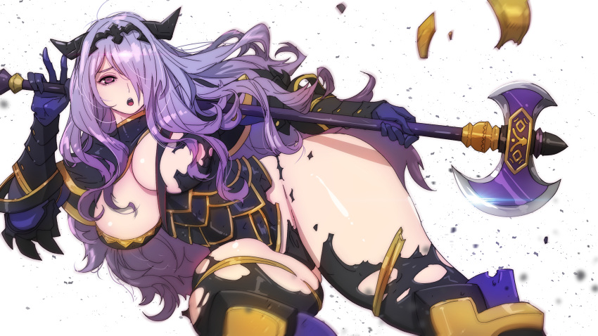 1girls absurdres armor axe bare_thighs black_armor black_gloves black_panties breasts broken_armor butcherboy camilla_(fire_emblem) cleavage commission female female female_only fire_emblem fire_emblem_fates gloves hair_over_one_eye halberd highres large_breasts long_hair looking_at_viewer mature_female nintendo panties pixiv_commission polearm solo thick_thighs thighs tiara torn_clothes torn_panties underwear very_long_hair wavy_hair weapon