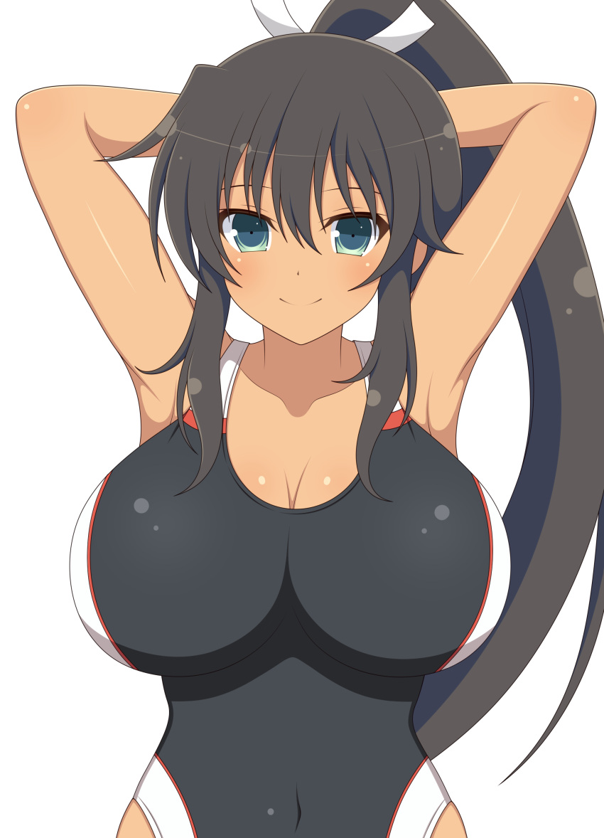 1girls armpits arms_up bangs black_hair blue_eyes cleavage collarbone female front_view hair_between_eyes hands_behind_head highleg homura_(senran_kagura) huge_breasts ichiryuu_tsumiki impossible_clothes looking_at_viewer navel one-piece_swimsuit ponytail senran_kagura sidelocks simple_background solo tan_skin very_long_hair white_background