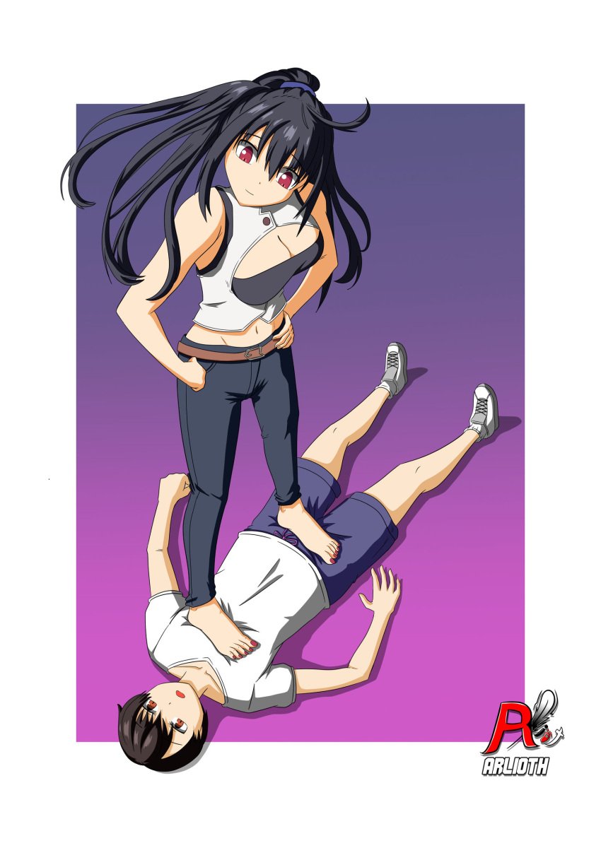 1boy 1girls arifureta_shokugyou_de_sekai_saikyou arlioth barefoot denki_anma dominant dominant_female domination femdom foot_fetish footjob footjob_over_clothes gradient_background gym_uniform nagumo_hajime on_back painted_toenails purple_background standing standing_footjob standing_on_another standing_on_person stepped_on stepping_on_penis submissive submissive_male toenail_polish trample trampling white_background yaegashi_shizuku