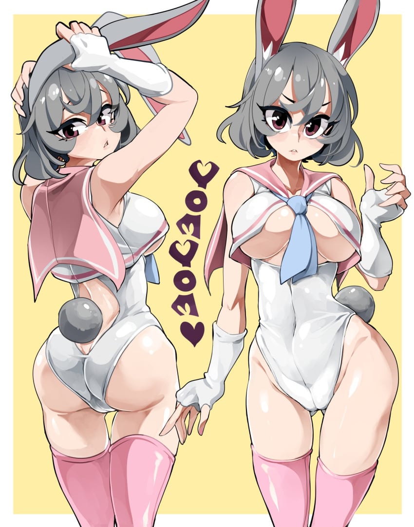 1girls ass big_ass bongfillstudent brown_eyes bunny_ears bunny_girl bunny_industry_(bongfillstudent) bunny_tail female female_only fingerless_gloves grey_hair hi_res leotard looking_at_viewer looking_back medium_hair pink_thighhighs short_hair solo thighhighs tight_clothing yomyom_(bongfillstudent)