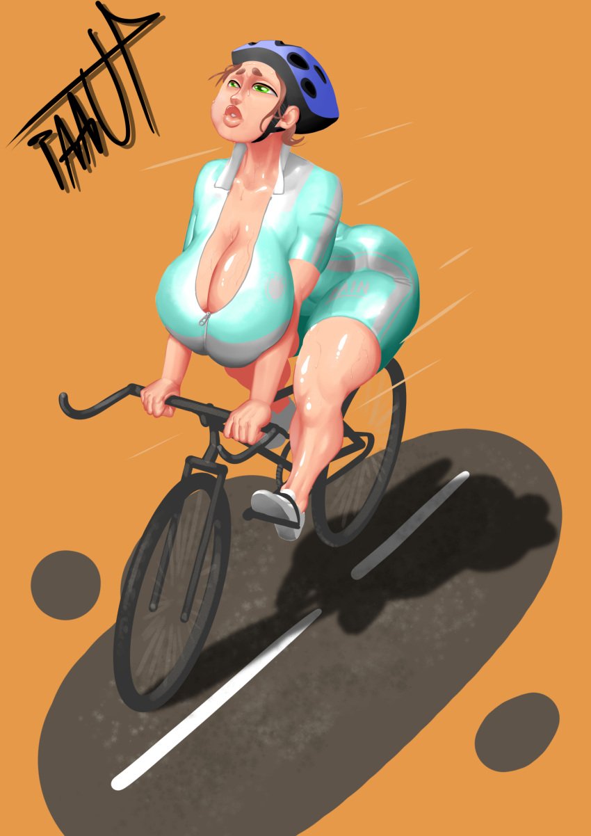 1girls ass bicycle bike_shorts breasts cleavage curvaceous curvy cycling exercise female female_only green_eyes helmet huge_ass huge_breasts iaaut mature_female milf motion_lines orange_background road shadow skin_tight solo sweat sweatdrop sweating thick thick_ass thick_lips thick_thighs tight_clothing voluptuous voluptuous_female wide_hips