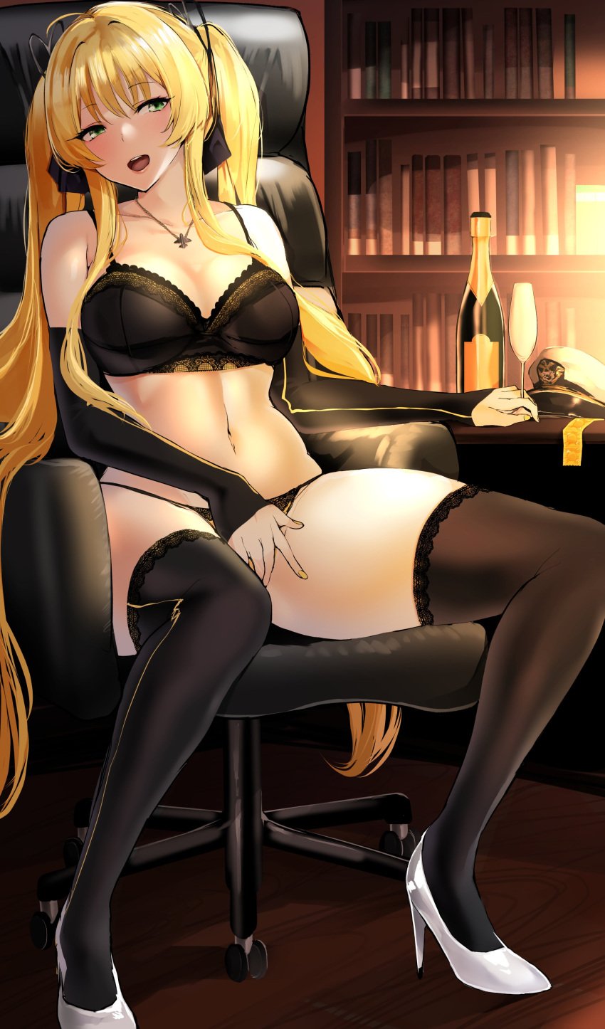 1girls agetama alcohol azur_lane black_bra black_panties blonde_hair books bookshelf bra breasts chair condom condom_packet_strip detached_sleeves green_eyes hairbow hat high_heels hornet_(azur_lane) lace-trimmed_bra lace-trimmed_panties lace_trim lace_trimmed_lingerie large_breasts lingerie looking_at_viewer midriff navel necklace office_chair painted_fingernails panties sitting sitting_on_chair thighhighs twintails wine wine_bottle wine_glass