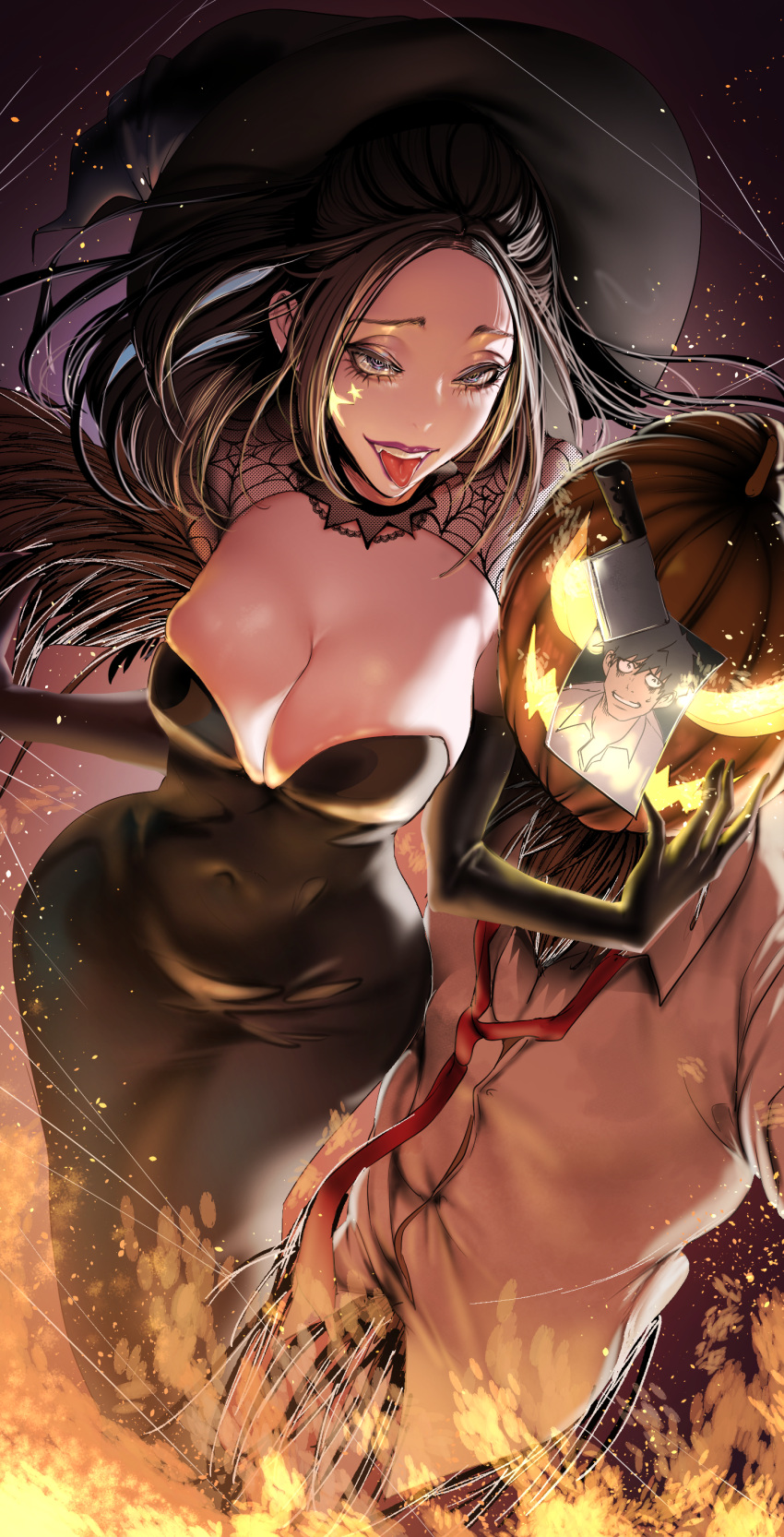 1boy 1girls black_hair brave_new_world cha_juhee cleavage curves halloween halloween_costume large_breasts lee_ho-seung long_hair pumpkin_head suit tongue_out wide_hips yoongonji