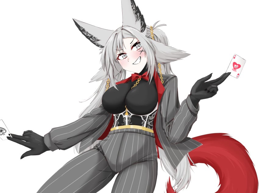 dya_rikku_(vtuber) female_only fox_ears fox_tail suit virtual_youtuber vyugen white_eyes white_hair