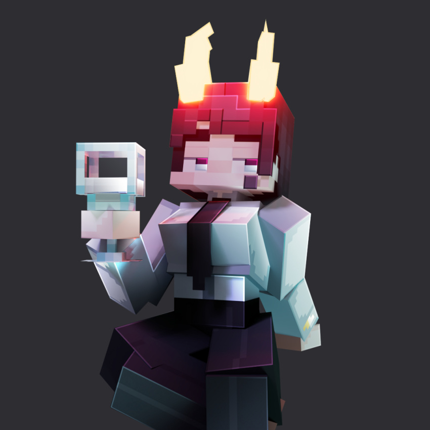 1thekeks_(duobin) blue_eyes cum_in_glass duobin female female_only glass_of_cum glowing_horns horns minecraft office_lady original_character purple_hair red_horns succubus tie