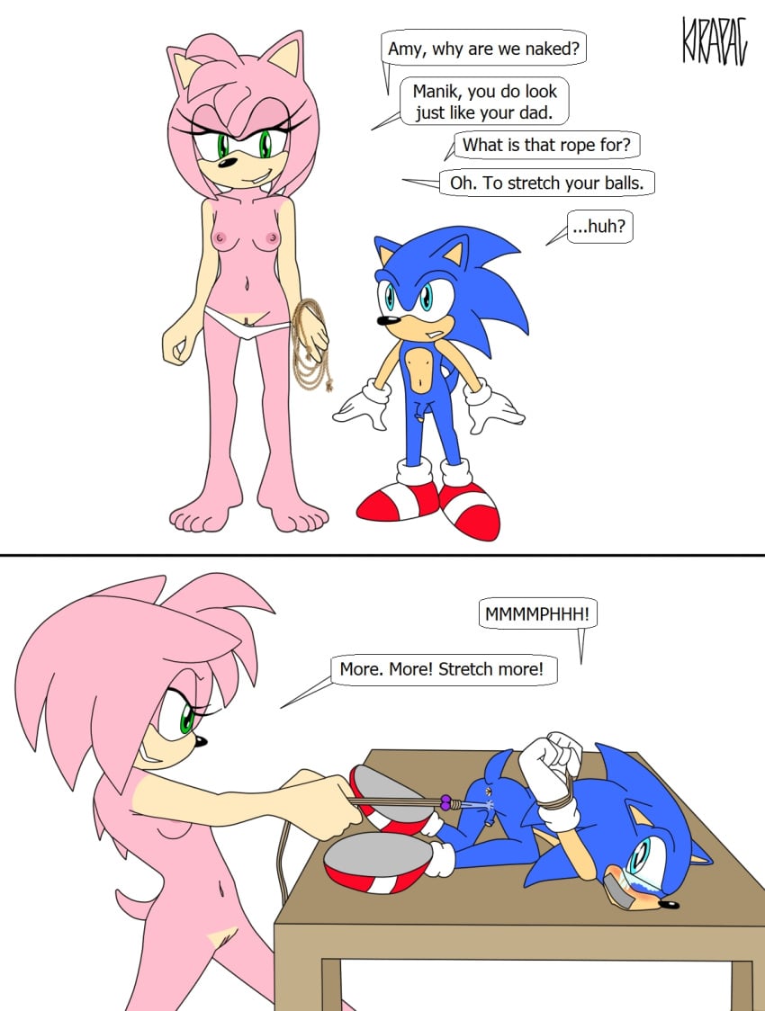 age_difference amy_rose anthro ball_pull ball_stretching cock_and_ball_torture duo english_text exposed_torso femdom footwear gag hands_behind_back handwear kirapac manik_acorn panties_down pussy sonic_(series) sonic_the_hedgehog_(archie) tape_gag taped_mouth tied_balls tied_hands