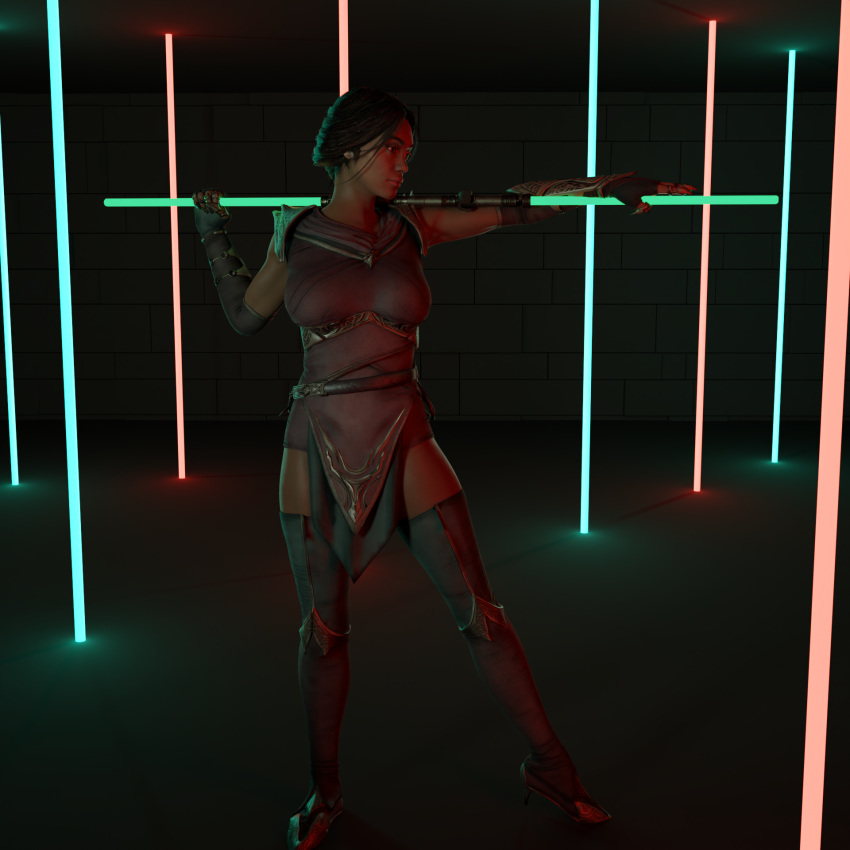 3d blender brown_skin female glowing hobbyr34 jade_(mortal_kombat) mortal_kombat mortal_kombat_11 neon_lights pinup pose posing posing_with_weapon staff