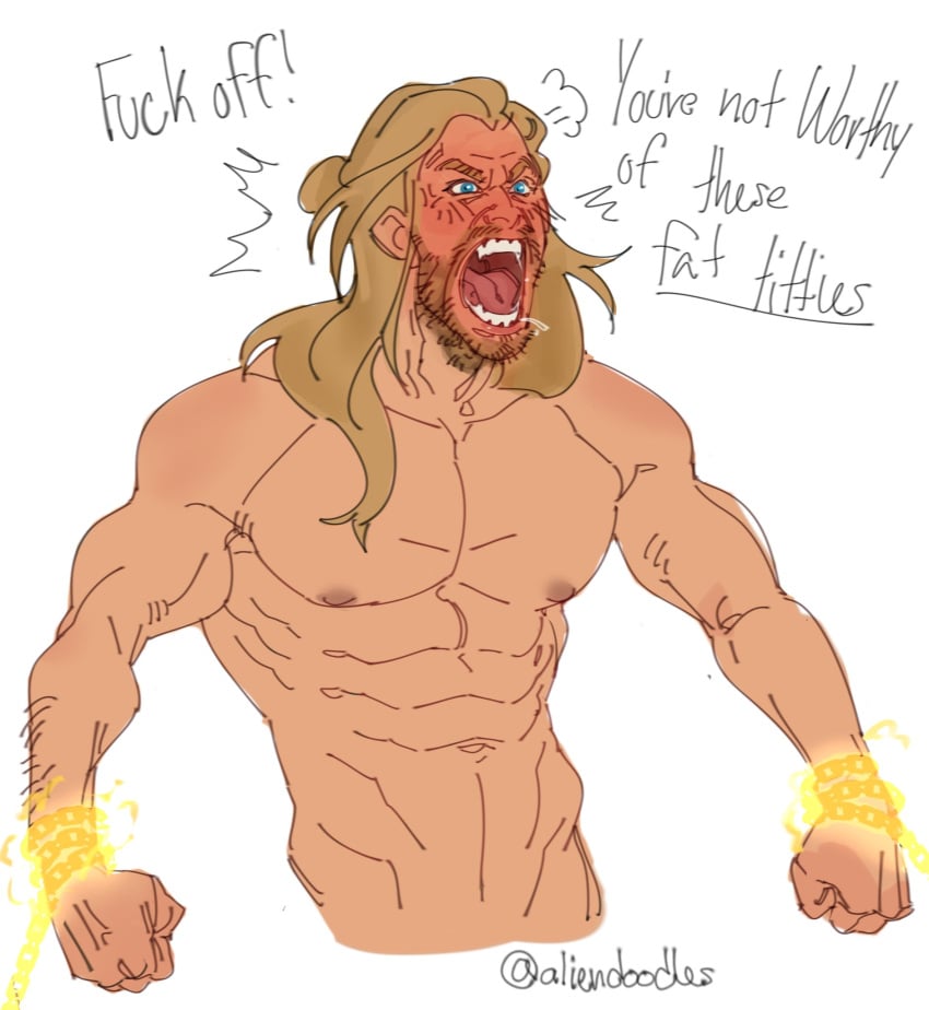 1boy abs aggression aggressive aliensdoodles angry_expression angry_eyes angry_face arm_hair artist_name artist_signature asgardian bara beard blond_hair blonde blonde_hair blonde_hair_male blue_eyes blushing bread chained_wrists facial_hair hair_bun human human_only light-skinned_male light_skin long_hair_male male male_nipples male_only man_boobs man_tits manly marvel marvel_cinematic_universe mature_male muscular_male mustache pecs porn_meme red_face restrained thor:_love_and_thunder thor_(marvel) thor_(series) tomato_face topless twitter yelling you_flicked_too_hard_dammit