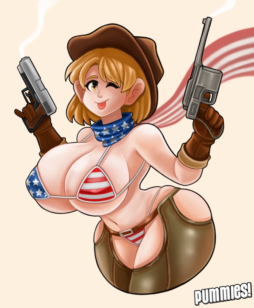 1girls 2023 alternate_costume american_flag american_flag_bikini ashley_graham ashley_graham_(brooke_elizabeth_mathieson) big_breasts bikini blonde_hair breasts busty capcom clothing cow_girl cowboy_hat dual_wielding female female_focus female_only firearm flag_print flag_print_bikini flag_print_swimsuit gloves gun handgun hat headwear holding_gun holding_weapon hourglass_figure human large_breasts mauser_c96 pale_skin pinup pinup_pose pistol pummies resident_evil resident_evil_4 scarf semiautomatic swimwear tagme tongue tongue_out weapon wide_hips wink winking