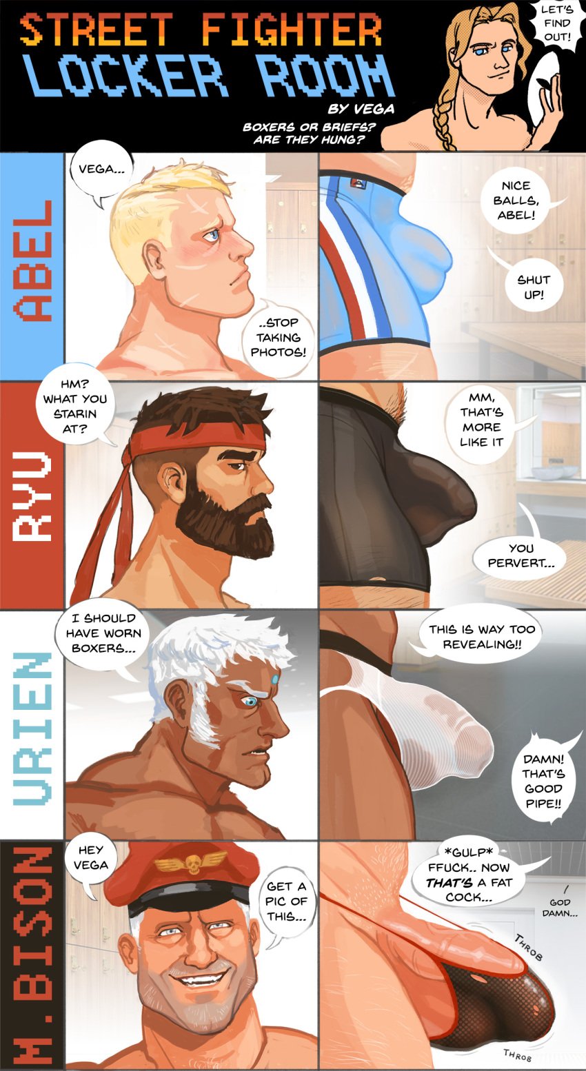 abel balls bara beard bulge capcom facial_hair g-string hudsona m_bison male male_only multiple_males muscles muscular penis penis_size_difference ryu_(street_fighter) scars scars_on_face street_fighter thong underwear urien vega_(street_fighter)