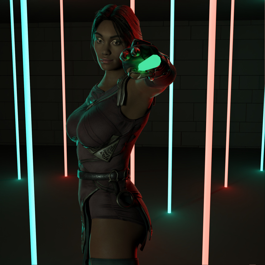 3d armpit armpits blender brown_skin clothed clothing female glowing hobbyr34 jade_(mortal_kombat) looking_at_viewer mortal_kombat mortal_kombat_11 neon_lights pinup pose posing posing_with_weapon staff