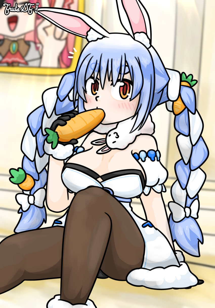 2023 animal_humanoid big_breasts blue_hair blush blush_lines braided_pigtails breasts carrot carrot_in_mouth circle_eyebrows cleavage clothed clothing discovered eyebrows female food friita hair hi_res hololive hololive_fantasy hololive_japan houshou_marine humanoid lagomorph lagomorph_humanoid leporid_humanoid looking_at_viewer mammal mammal_humanoid not_furry orange_eyes plant portrait_(object) rabbit_ears rabbit_humanoid sitting sitting_on_ground solo sucking suggestive usada_pekora vegetable virtual_youtuber vtuber