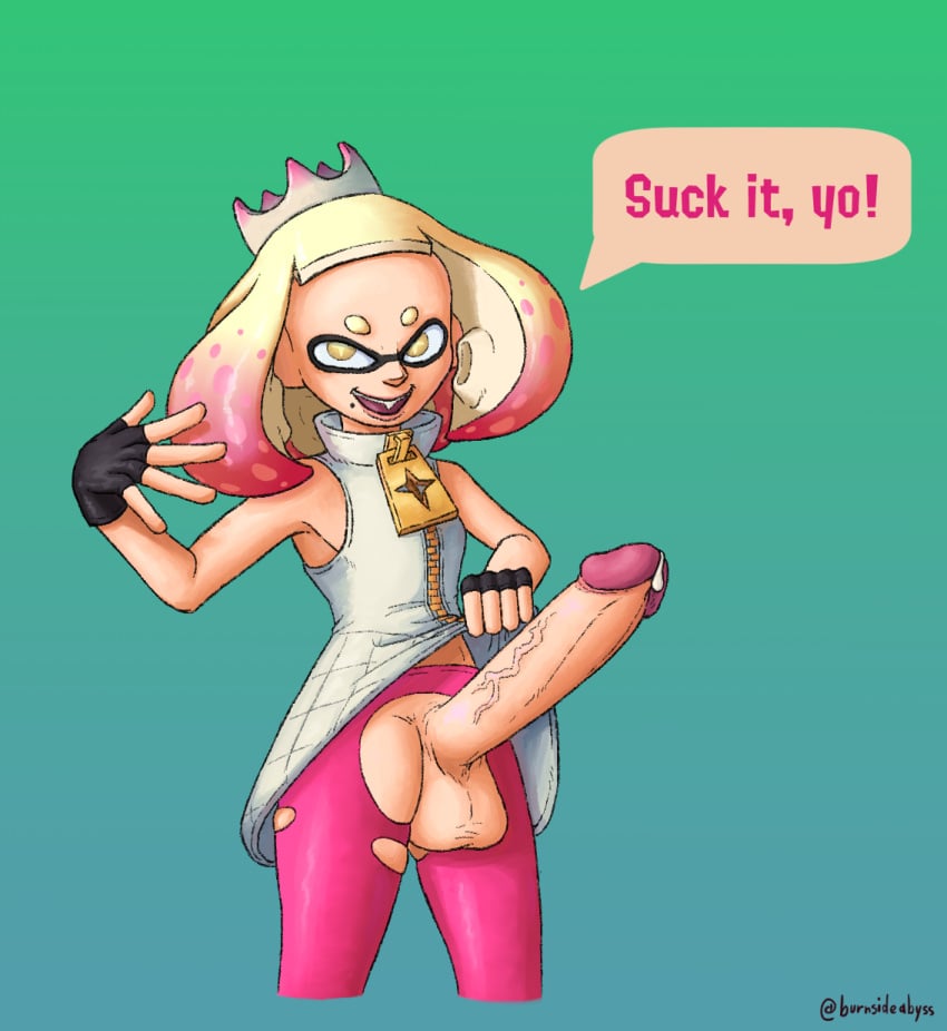 2023 burnsideex crown futanari huge_cock inkling inkling_girl intersex light-skinned_futanari multicolored_hair nintendo pearl_(splatoon) penis pink_legwear precum precum_drip ripped_clothing small_but_hung solo_futa speech_bubble splatoon splatoon_(series) splatoon_2 tentacle_hair white_dress yellow_eyes