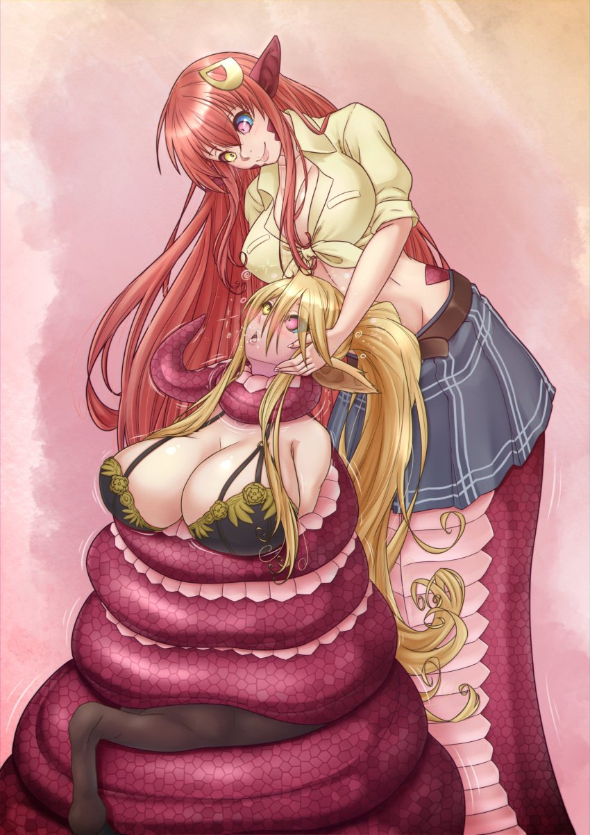 2021 2girls big_breasts centaur centorea_shianus choking coiling coils eshiede eye_contact female female_only horse_ears hypnosis kaa_eyes lamia long_hair miia_(monster_musume) monster_girl monster_musume_no_iru_nichijou orange_hair pointy_ears smile snake very_high_resolution