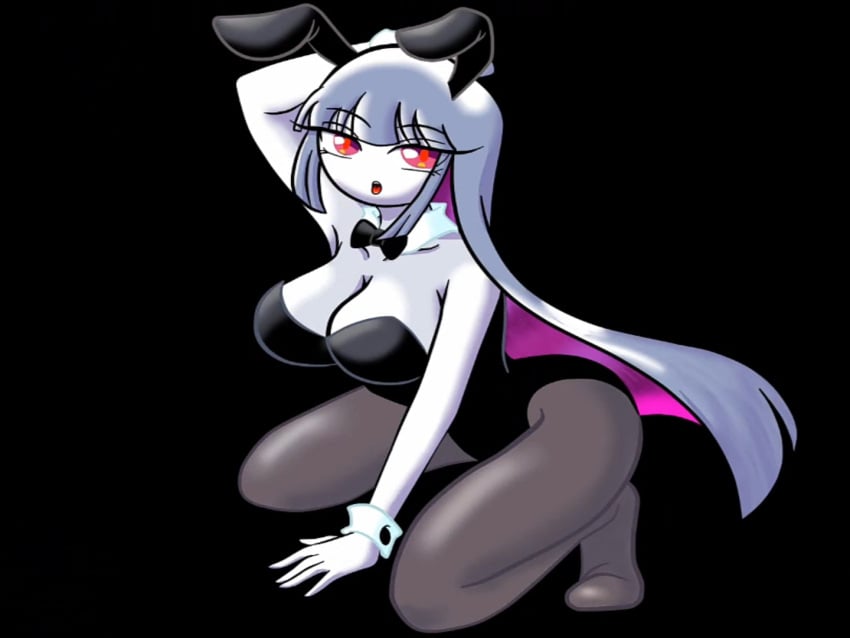 angel_comics big_breasts big_nipples black_background bunnysuit dark_legwear fnf_entity friday_night_funkin friday_night_funkin_mod legwear milf nikusa_(sugarratio) only_female red_eyes thick_ass thick_legs white_body white_hair white_skin