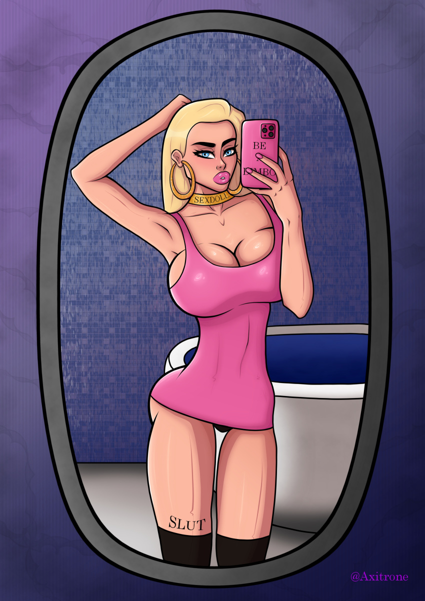 axitrone bathroom bathtub big_ass big_breasts big_lips bimbo blonde_hair mirror_selfie phone