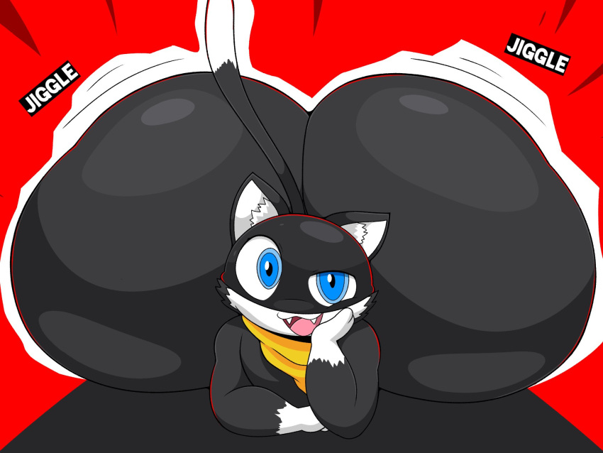 1boy anthro ass_bigger_than_head ass_focus bandana big_ass black_fur blue_eyes bottom_heavy color domestic_cat fangs feline half-closed_eyes hand_on_face head_on_hand hi_res human jiggle jiggling_ass looking_at_viewer lying_on_stomach male male_only mask massive_ass morgana_(persona) non-human non-human_only omegabrawl persona persona_5 smile smug solo_male tail toony two_tone_fur white_fur