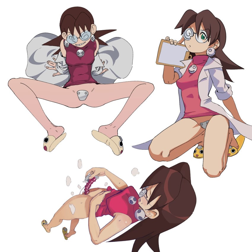 1girls 2022 bottomless brown_hair crotch_plate earrings feet female glasses labcoat mega_man mega_man_legends no_panties sex_toy skk slippers tron_bonne