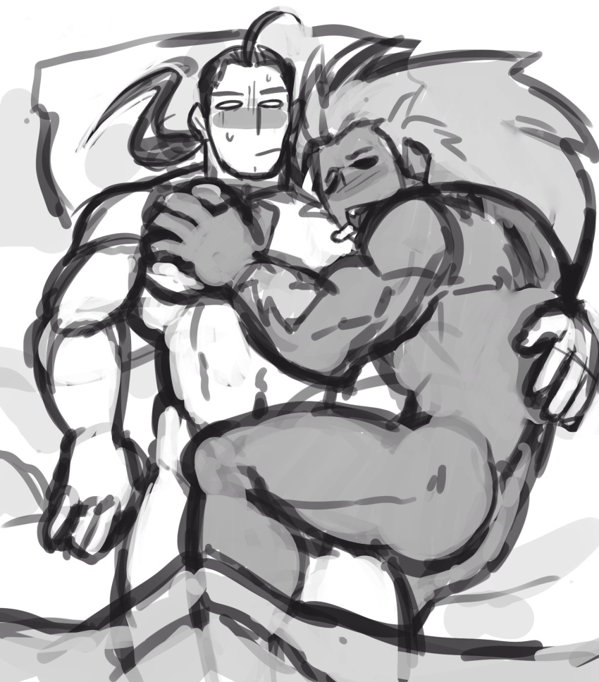 asleep bara bed_sheet blanka blush capcom closed_eyes dan_hibiki machojuice male male_only monochrome muscles muscular nude sleeping street_fighter