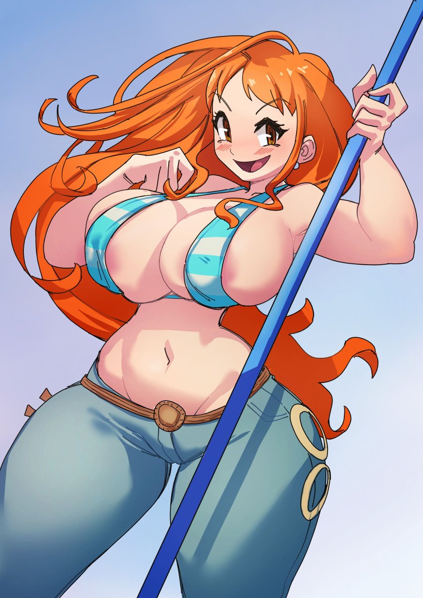 big_breasts bikini female female_only gakibaki hourglass_figure jeans long_hair nami one_piece orange_hair post-timeskip striped_bikini