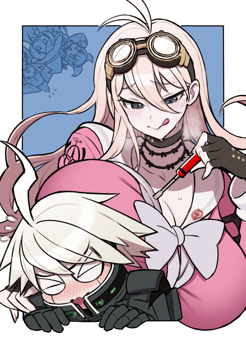 1boy 1girls ahoge background_character blonde_hair blue_eyes blush bow breast_squish breasts breasts_bigger_than_head breasts_on_head choker cleavage danganronpa danganronpa_v3 embarrassed female gloves goggles hair_between_eyes huge_breasts iruma_miu kakuzato kiibo large_breasts long_hair male naughty_face new_danganronpa_v3 robot satousatotototo school_uniform screwdriver straight_hair sweat tongue tongue_out white_hair