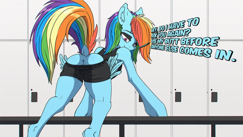 anus athletic athletic_female bent_over blue_body blue_feathers blue_fur coreboot dialogue dock english_text equid equine eyebrows feathered_wings feathers female friendship_is_magic fur gym_clothing hair hasbro hooves inner_ear_fluff locker mammal multicolored_hair multicolored_tail my_little_pony pegasus pink_eyes rainbow_dash_(mlp) rainbow_hair rainbow_tail raised_tail semi-anthro smile solo straight_hair tail text tomboy tuft wings