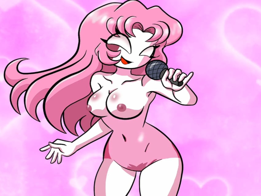 1girls angel_comics breasts female female_only friday_night_funkin heart_background microphone naked naked_female no_pussy nude nude_female pink_background pink_hair sarvente_(dokki.doodlez) sarvente_(friday_night_funkin) solo solo_female thick white_eyes