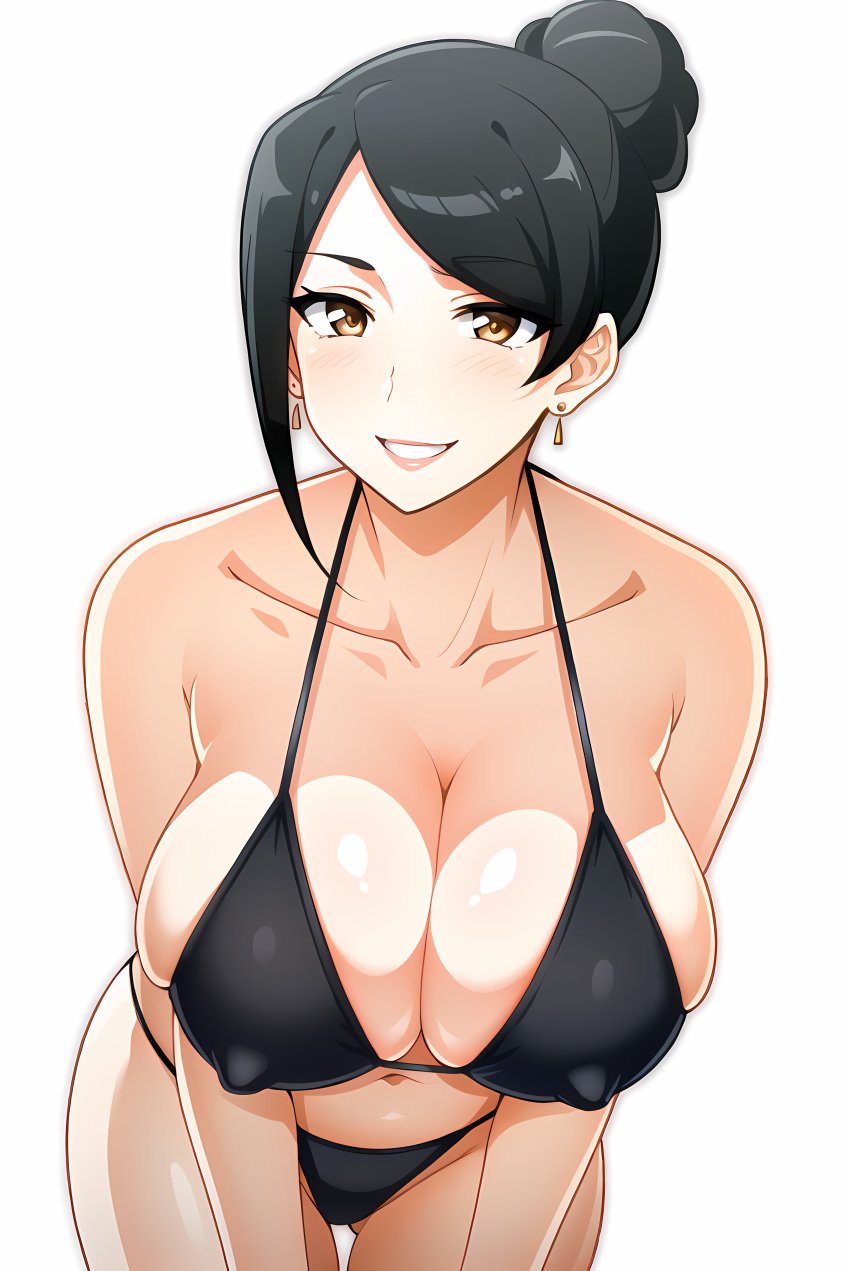 ai_generated bijin_onna_joushi_takizawa-san bikini black_hair brown_eyes cleavage collarbone earrings edit female female_only huge_breasts leaning_forward looking_at_viewer navel niksplosion_(generator) nipples_visible_through_clothing parted_lips short_hair simple_background smile stable_diffusion takizawa_kyouko