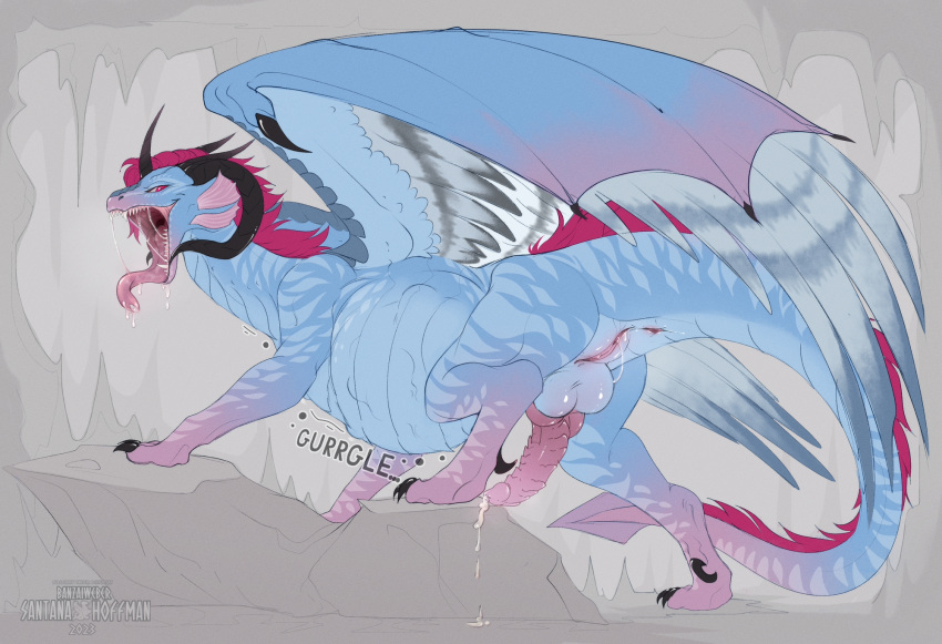 1futa 2020s 2023 anus artist_name balls black_horn blue_balls blue_body blue_feathers blue_scales blue_wings bodily_fluids breasts dated dragon drooling ejaculation feathered_wings feathers forked_tongue full-length_portrait full-package_futanari futanari genitals gradient_wings grey_wings herm hermaphrodite hi_res horn hybrid_wings intersex looking_at_viewer mane membrane_(anatomy) membranous_wings multi_genitalia narrowed_eyes open_mouth penis pink_body pink_eyes pink_mane pink_penis pink_tongue pink_wings portrait pussy ridged_penis saliva saliva_string santanahoffman scales scalie side_view solo solo_focus spade_tail syldria tongue tongue_out wings