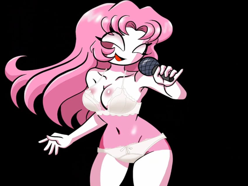 angel_comics black_background friday_night_funkin microphone only_female panties pink_hair sarvente_(dokki.doodlez) sarvente_(friday_night_funkin) thick thick_body white_bra white_eyes white_panties