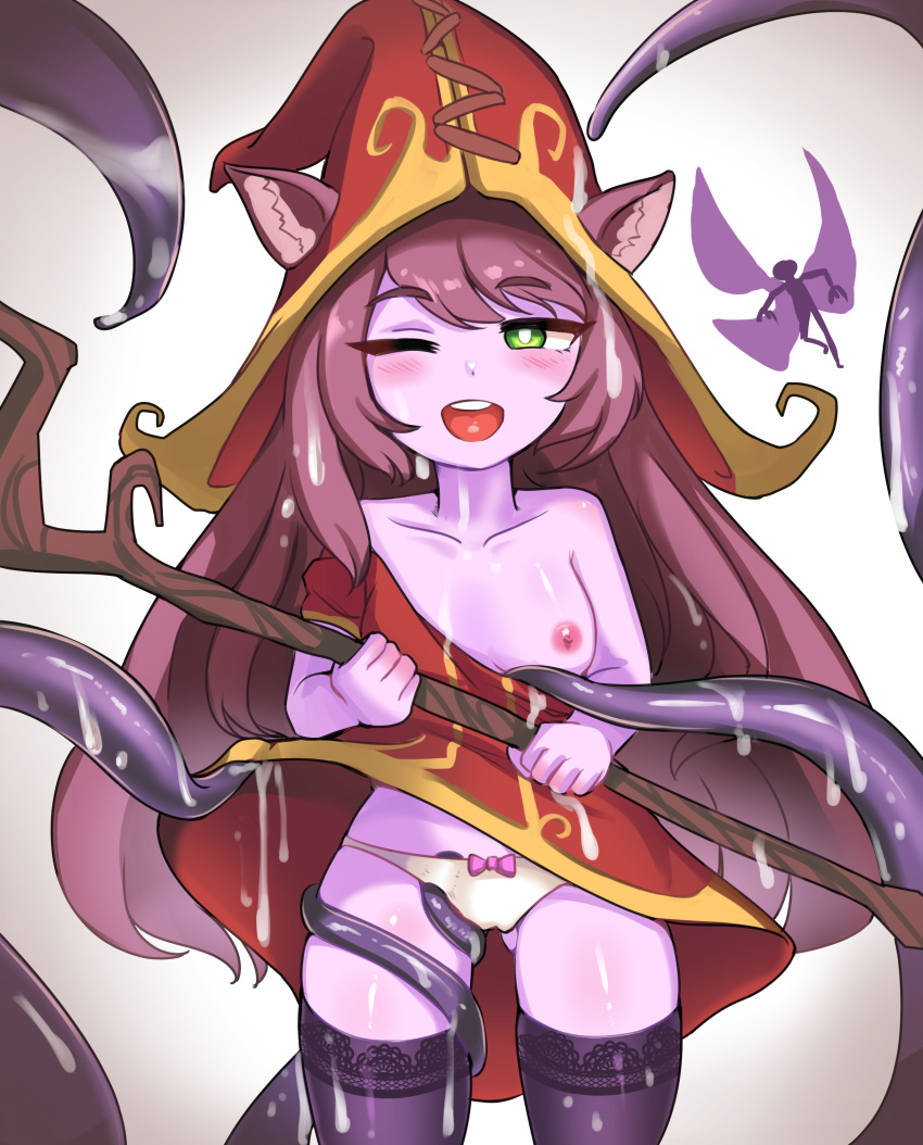 <3 1girls absurd_res animal_ears blush breasts cheonnop_(artist) dress dress_lift dress_pull dripping female green_eyes heart hearts highres league_of_legends long_hair lulu_the_fae_sorceress one_eye_closed open_mouth panties pink_hair pix_(lol) purple_hair purple_skin riot_games shortstack small_breasts staff stockings tentacle textless textless_version thighhighs thighs witch_hat yordle