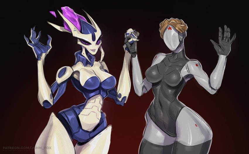 2023 2d armpits atomic_heart bare_shoulders big_breasts black_pupils breasts crossover digital_media_(artwork) duo female female_only hips holding_hands humanoid johnfoxart large_breasts looking_at_viewer mechari navel no_face purple_eyes purple_sclera right_(atomic_heart) robot robot_girl standing tagme the_twins_(atomic_heart) thick thick_thighs thighs voxine wide_hips wildstar