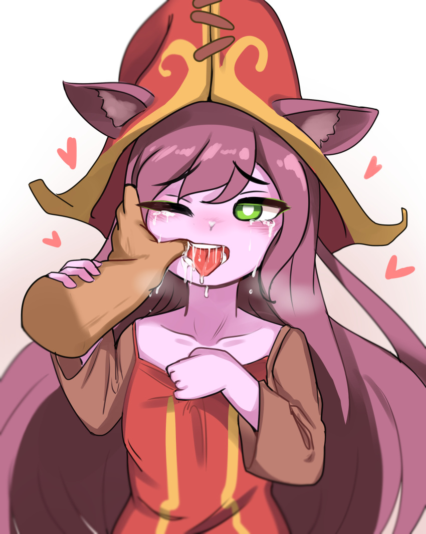 <3 1girls absurd_res animal_ears breasts cheonnop_(artist) disembodied_hand dripping female finger_in_mouth green_eyes heart hearts highres league_of_legends long_hair lulu_the_fae_sorceress mouth_hold one_eye_closed open_mouth pink_hair purple_hair purple_skin riot_games saliva saliva_trail small_breasts tears teasing teeth tongue tongue_out very_long_hair witch_hat yordle