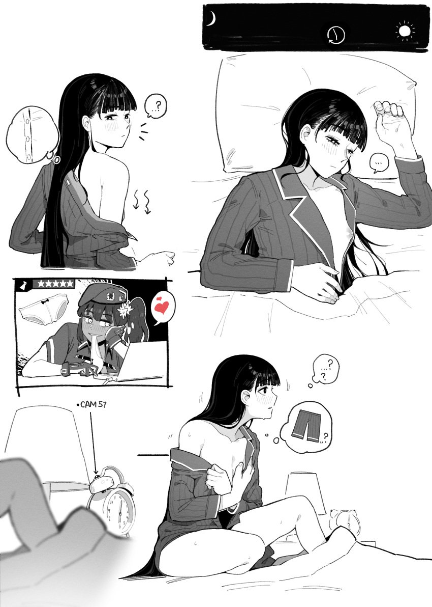 /// 1girls 2d areolae bangs beret black_and_white black_hair blush bottomless breasts brown_hair camera comic comic_page commander_(girls'_frontline) dialogue english_text female female_commander_(girls'_frontline) female_only girls'_frontline gloves greyscale heart hidden_camera highres human huqu korean_text laptop light-skinned_female light_skin long_hair monochrome nipples open_shirt pajamas puffy_areola puffy_nipples saiga-12_(girls'_frontline) sleeping small_breasts solo_focus somnophilia text uncensored uniform waking_up