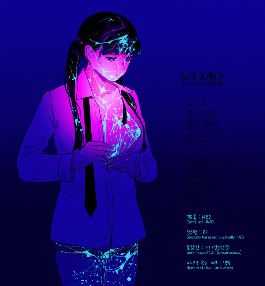 /// 1girls 2d areolae bangs black_hair blacklight bottomless breasts button_down_shirt clothed clothing collarbone collared_shirt color comic comic_page commander_(girls'_frontline) cum cum_on_body cum_on_breasts cum_on_face cum_on_hair cum_on_thighs cum_on_upper_body dress_shirt english_text female female_commander_(girls'_frontline) female_only fluorescent_cum getting_dressed girls'_frontline glow_in_the_dark hair_ornament highres human huqu korean_text long_hair mostly_nude necktie nipples panties pantsless semen semen_on_face semen_on_lower_body small_breasts solo standing text tired uncensored uv_light